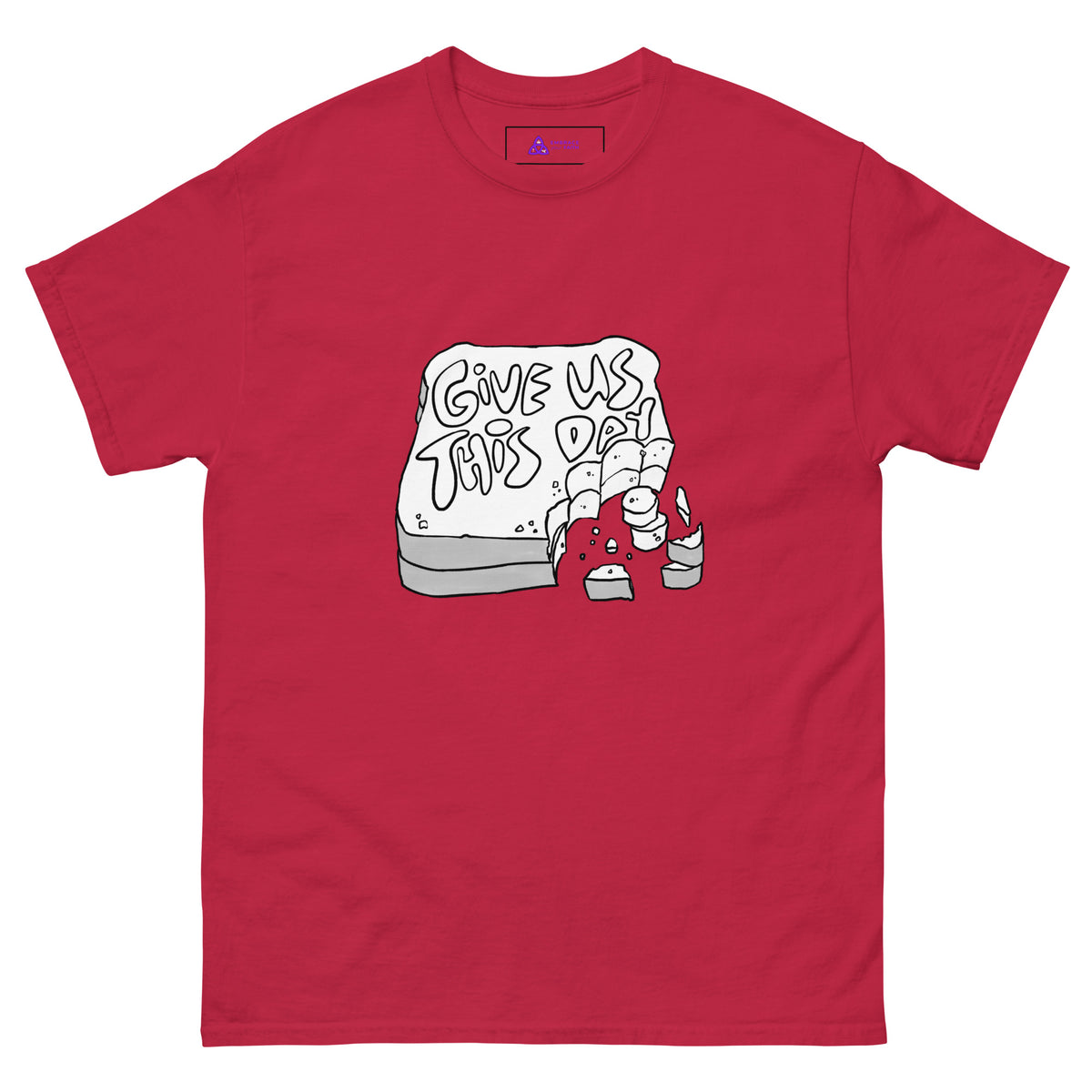 Give Us This Day T-Shirt in Cardinal, front view – Matthew 6:11