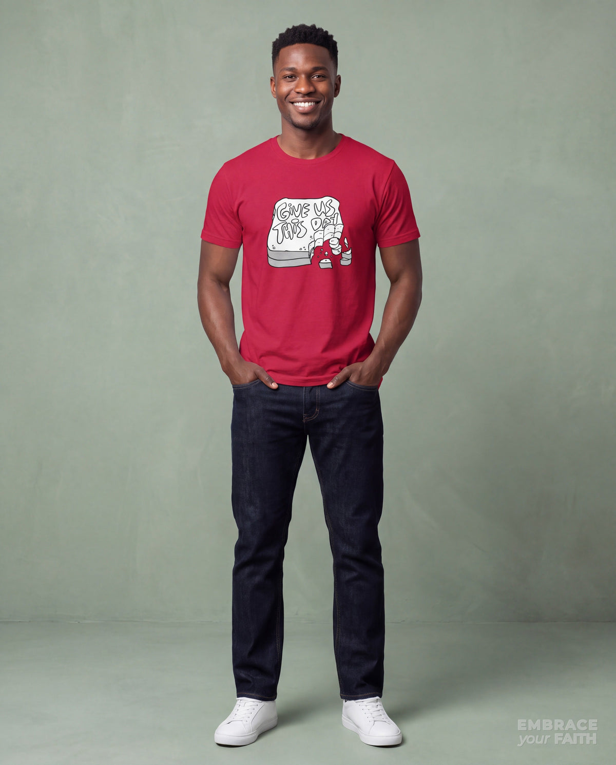 EYF model wearing the Give Us This Day Classic Unisex T-Shirt in Cardinal
