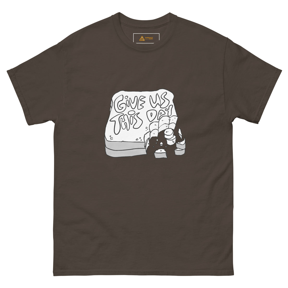 Give Us This Day T-Shirt in Dark Chocolate, front view – Matthew 6:11