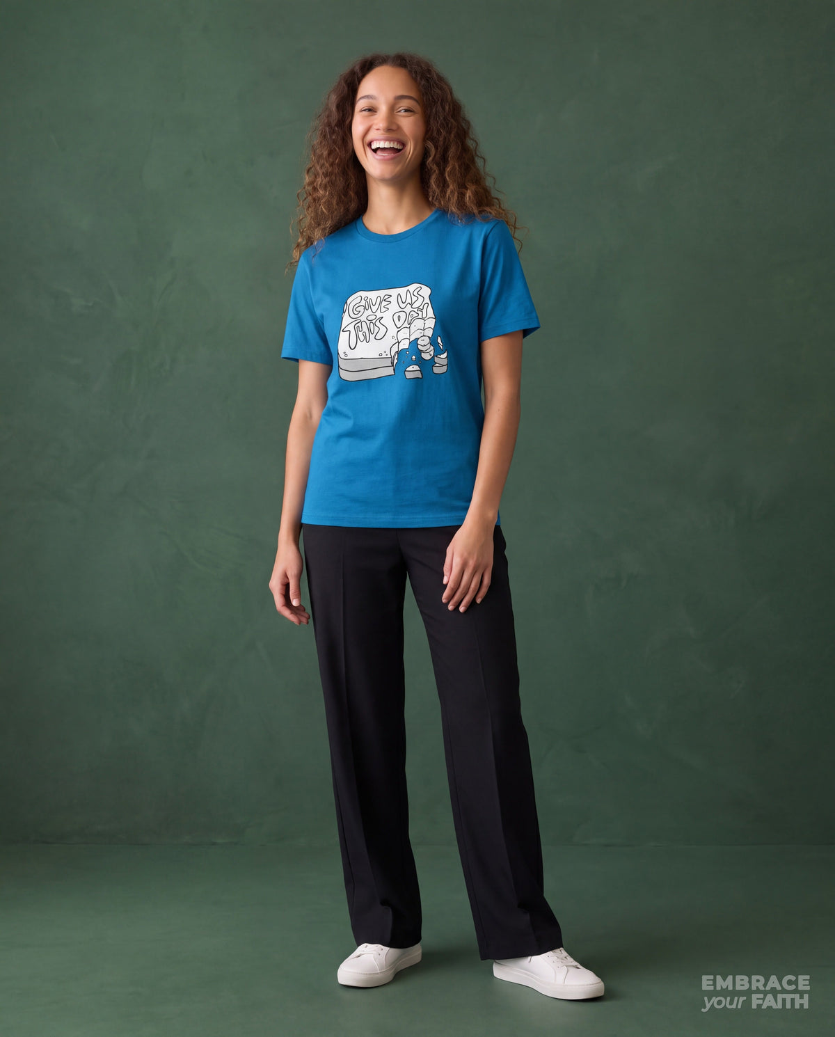 EYF model wearing the Give Us This Day Classic Unisex T-Shirt in Sapphire