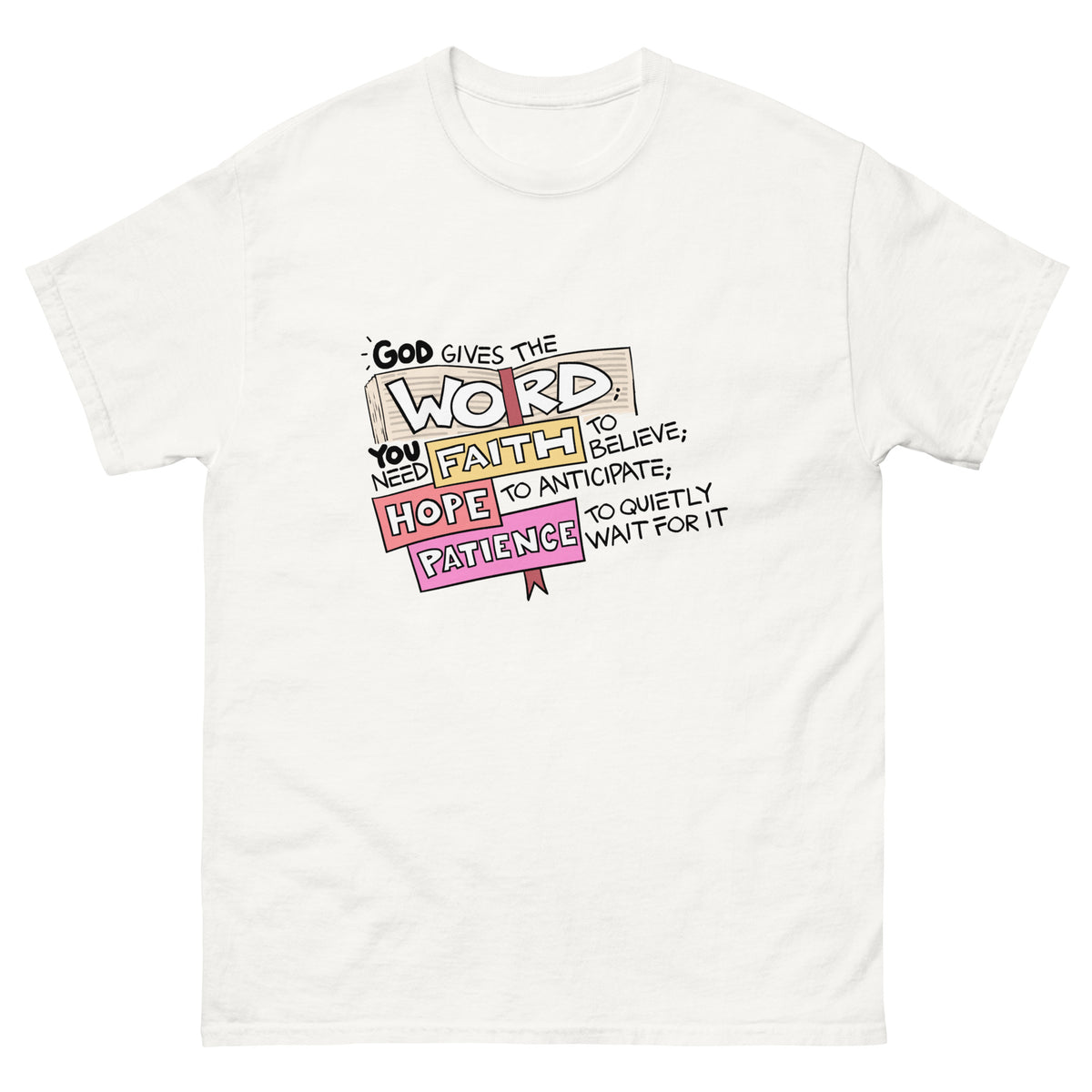 God Gives the Word T-Shirt in White, front view – Psalm 68:11