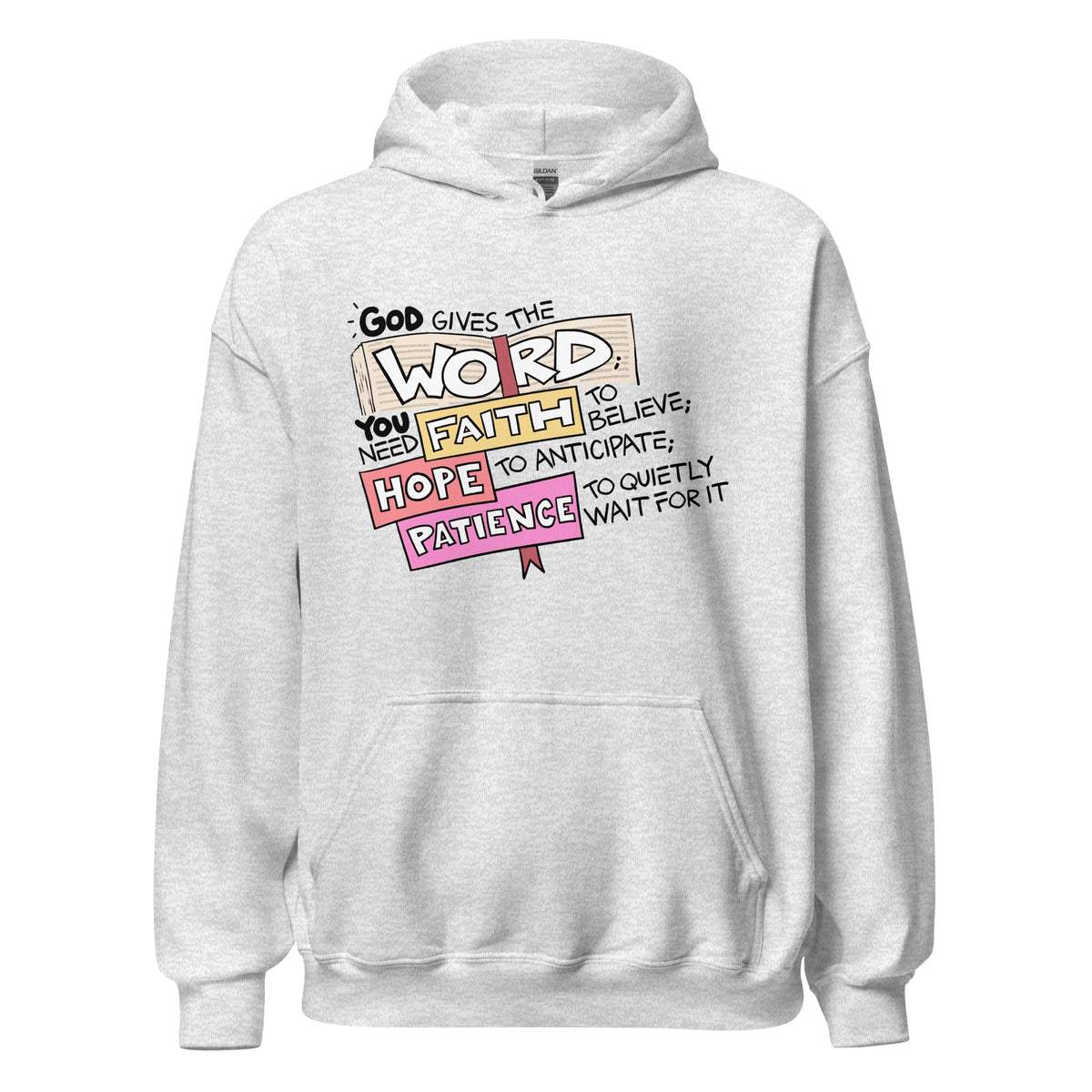 God Gives the Word Hoodie in Ash, front view – Psalm 68:11