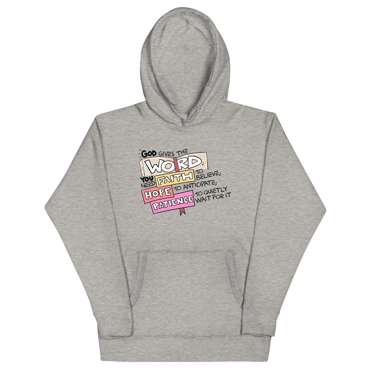 God Gives the Word Hoodie in Carbon Grey, front view – Psalm 68:11