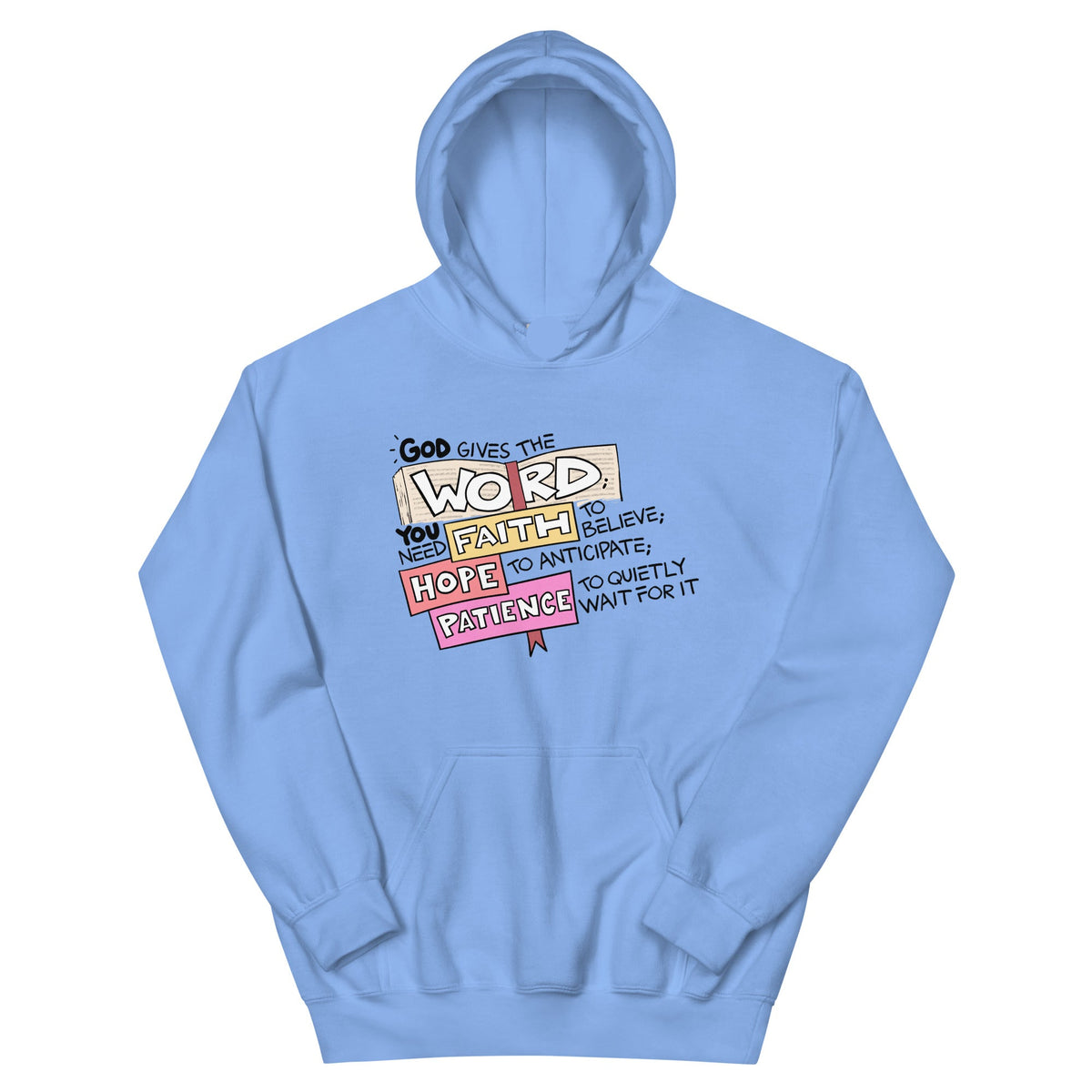 God Gives the Word Hoodie in Carolina Blue, front view – Psalm 68:11