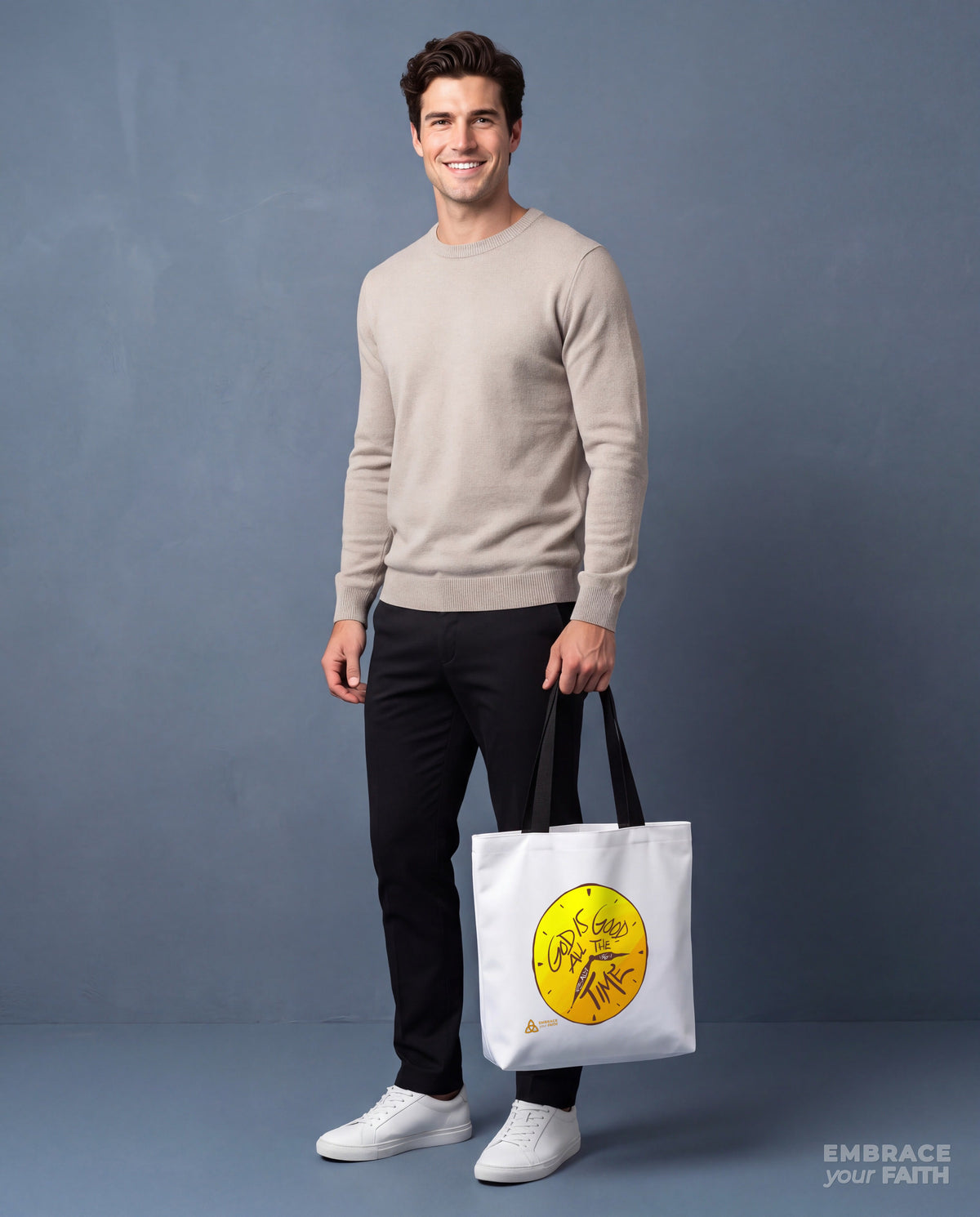 EYF model carrying the God Is Good All the Time Tote Bag with Black straps