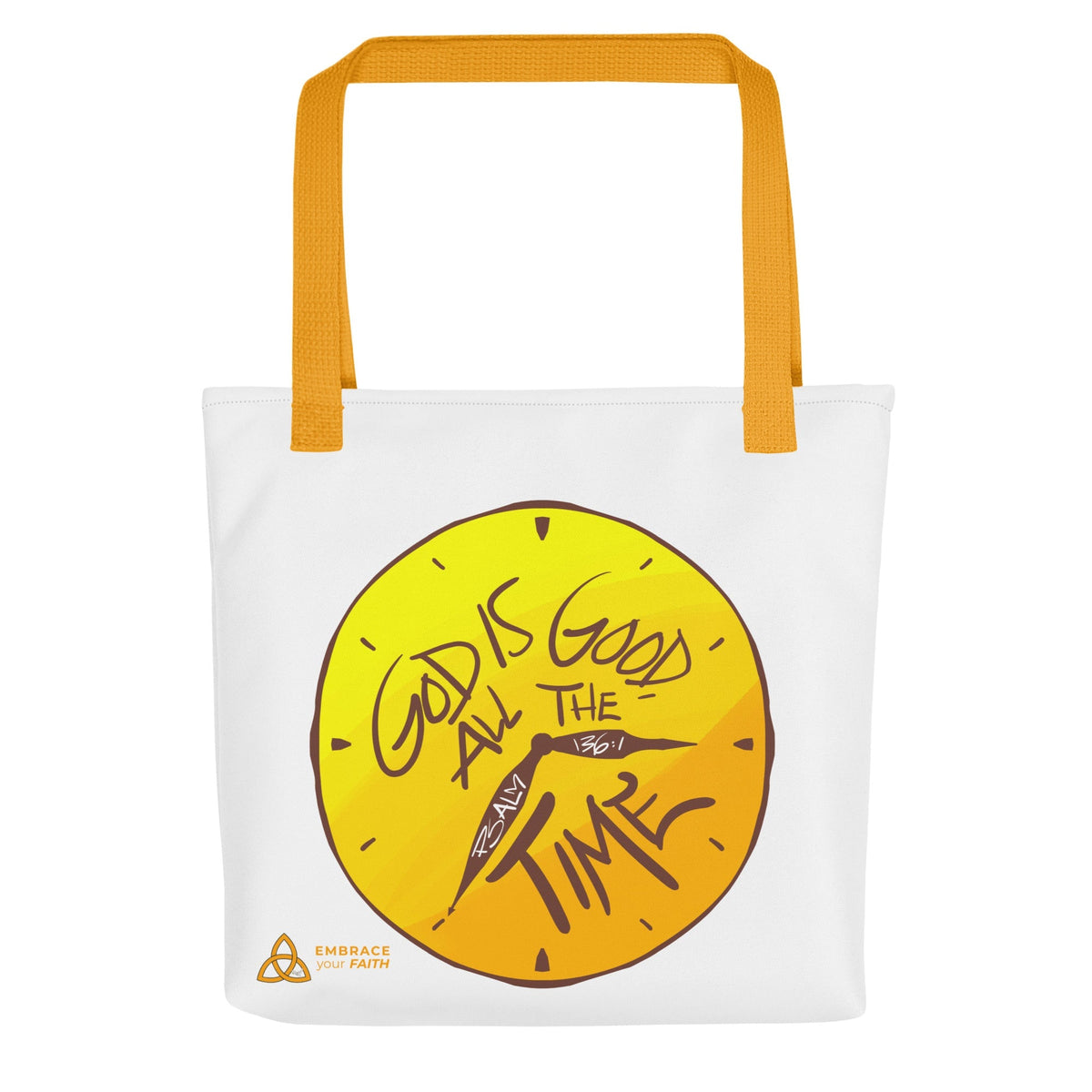 God Is Good All the Time Tote Bag in Yellow, 15x15 inch