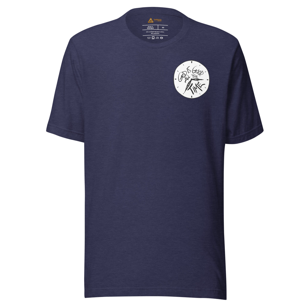 God Is Good All the Time T-Shirt in Heather Midnight Navy, front view