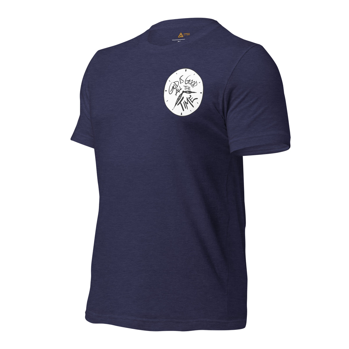 God Is Good All the Time T-Shirt in Heather Midnight Navy, angled front view
