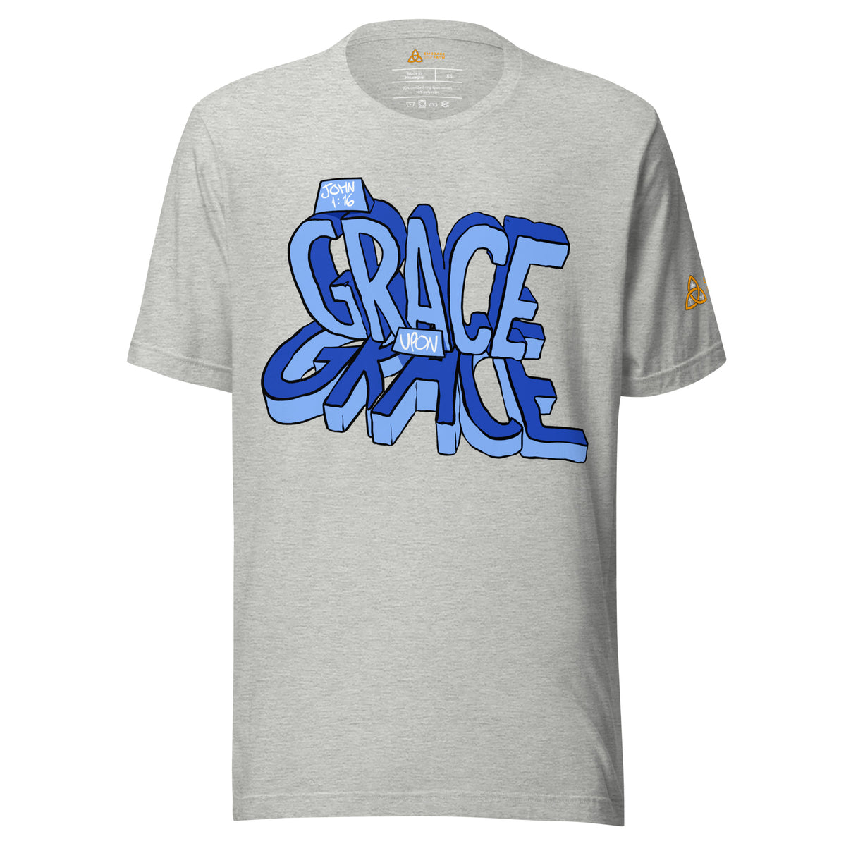 Grace Upon Grace T-Shirt with blue hologram print in Athletic Heather, front view – John 1:16