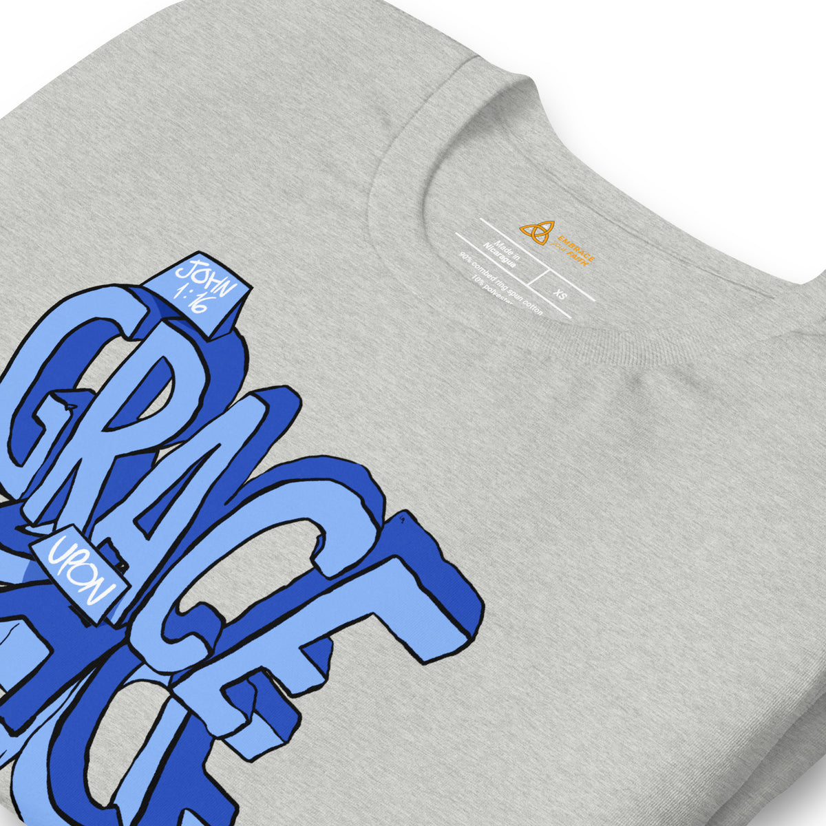 Close-up of the Grace Upon Grace T-Shirt print in Athletic Heather – John 1:16