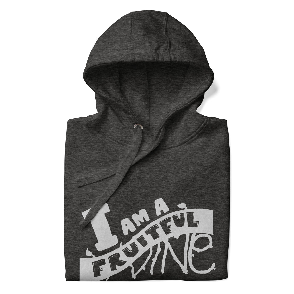 I Am a Fruitful Vine Luminous Hologram Hoodie in Charcoal Heather, front view – John 15:5