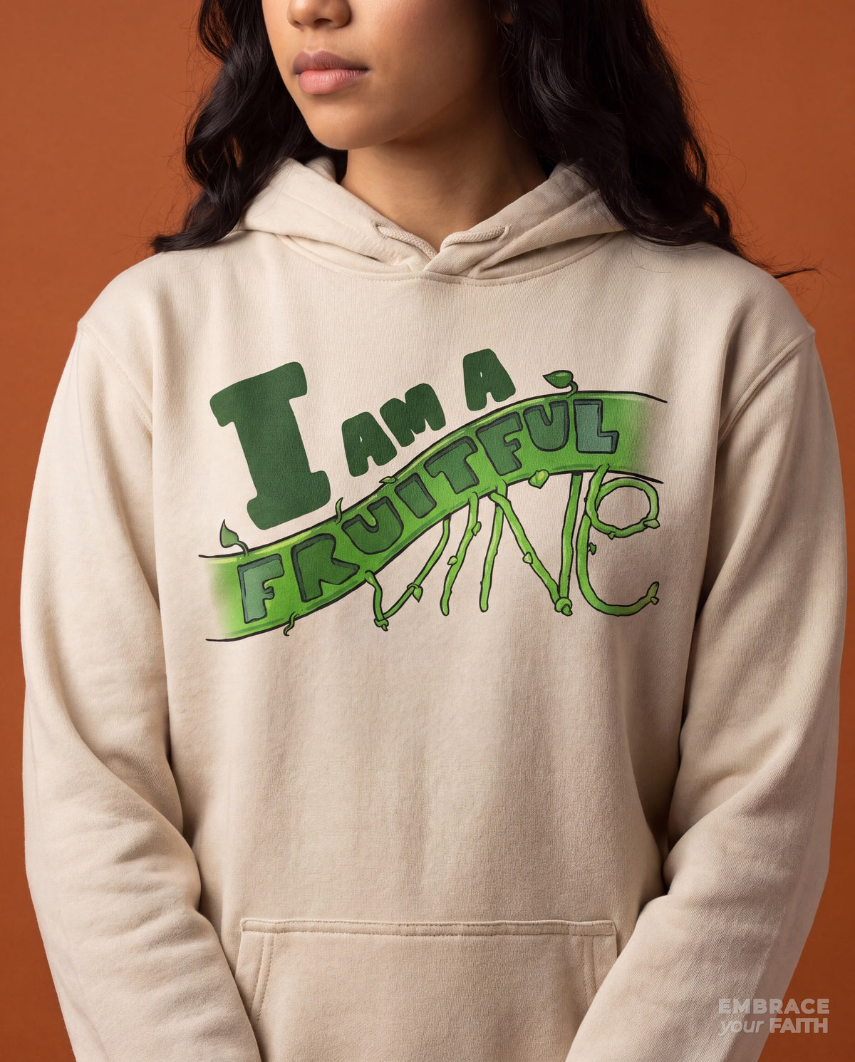 Close-up of the print on the I Am a Fruitful Vine Classic Unisex Hoodie in Bone