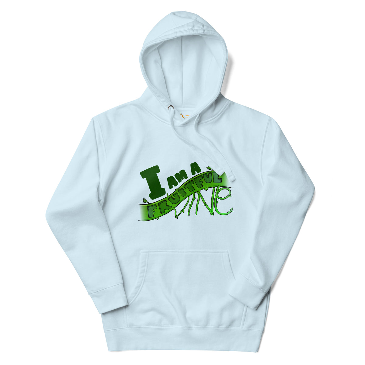 I Am a Fruitful Vine Hoodie in Sky Blue, front view – John 15:5