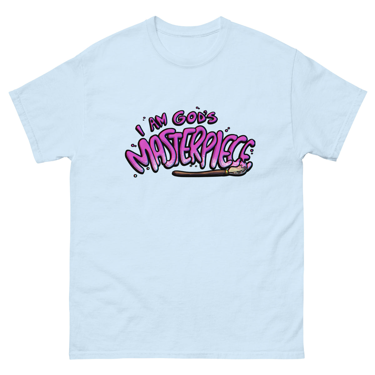 I Am God's Masterpiece T-Shirt with pink print in Light Blue, front view – Ephesians 2:10