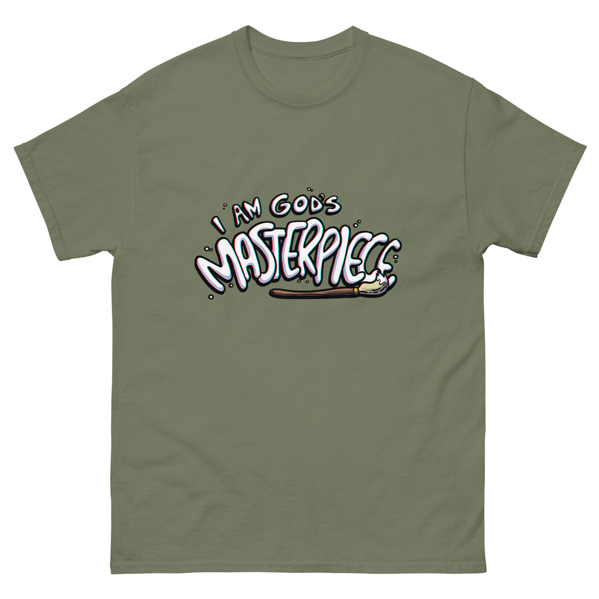 I Am God's Masterpiece T-Shirt with black print in Military Green, front view – Ephesians 2:10