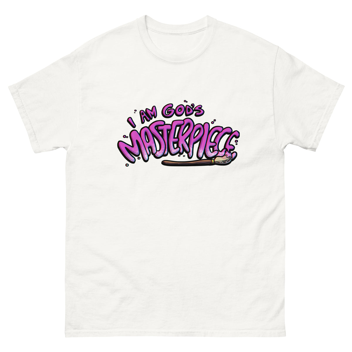 I Am God's Masterpiece T-Shirt with pink print in White, front view – Ephesians 2:10