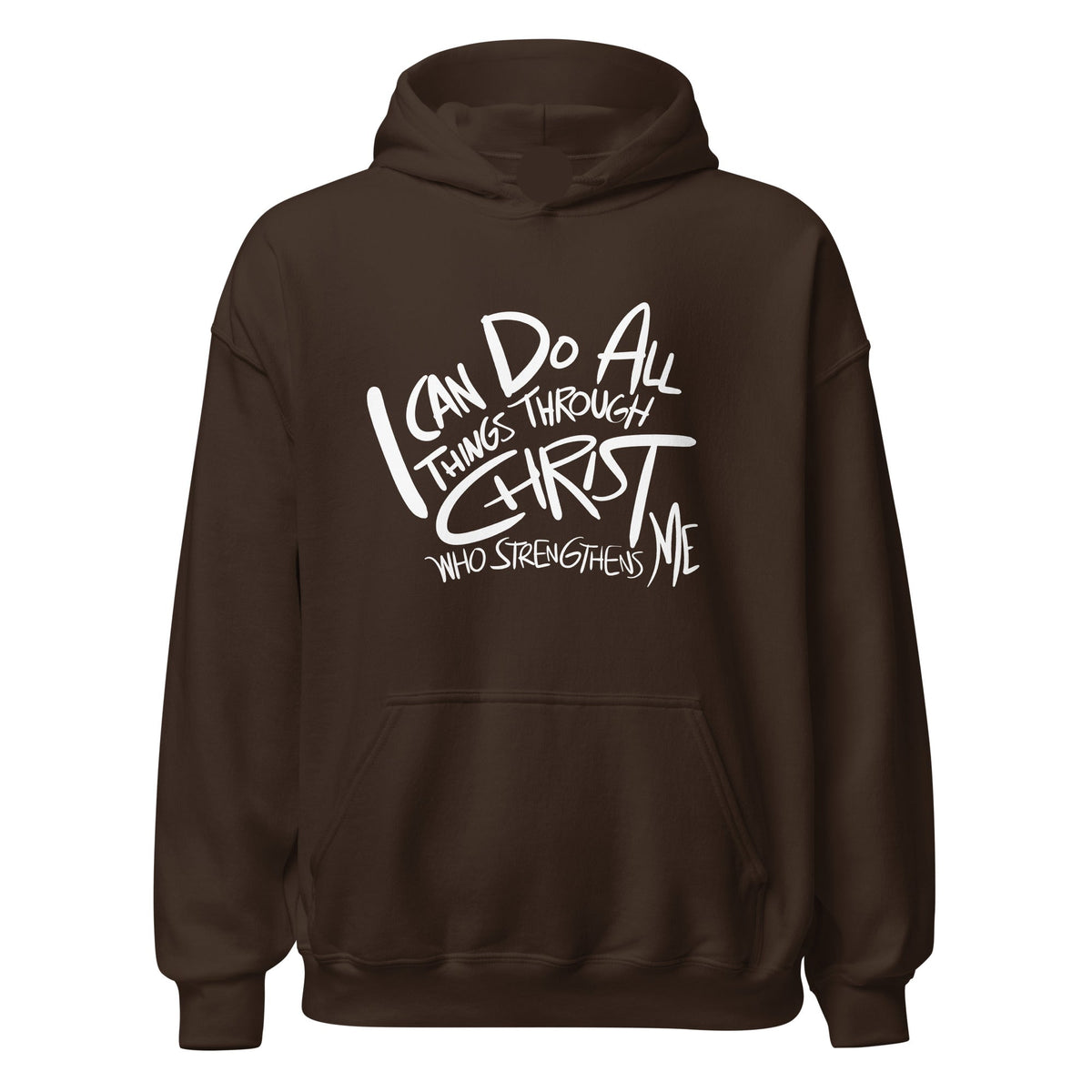 I Can Do All Things Affirmation Hoodie in Dark Chocolate, front view – Philippians 4:13