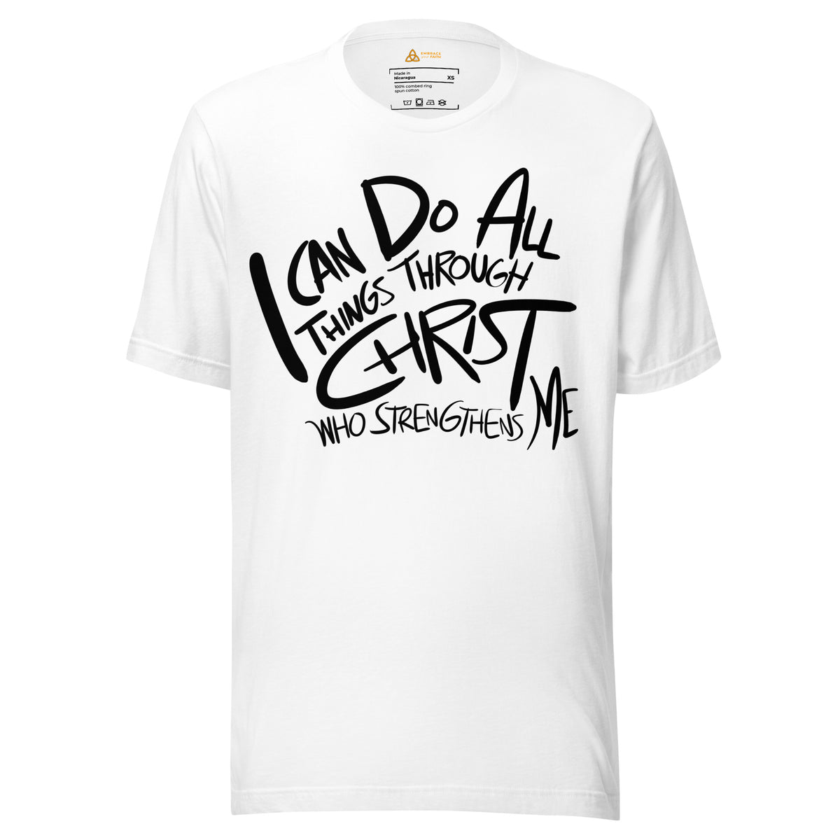 I Can Do All Things Affirmation T-Shirt in White, front view – Philippians 4:13
