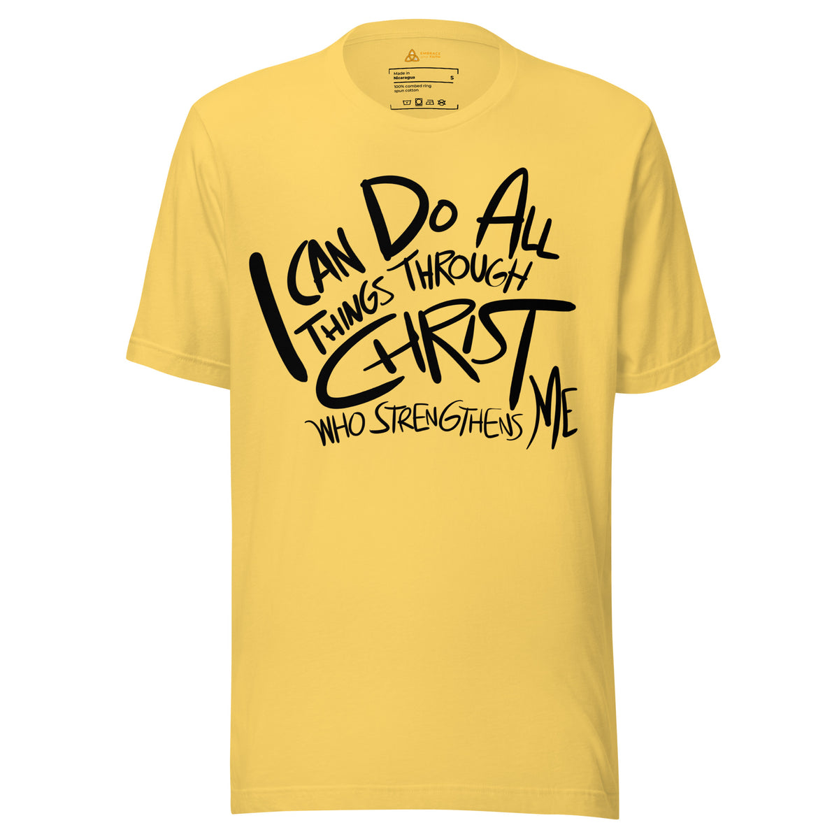 I Can Do All Things Affirmation T-Shirt in Yellow, front view – Philippians 4:13