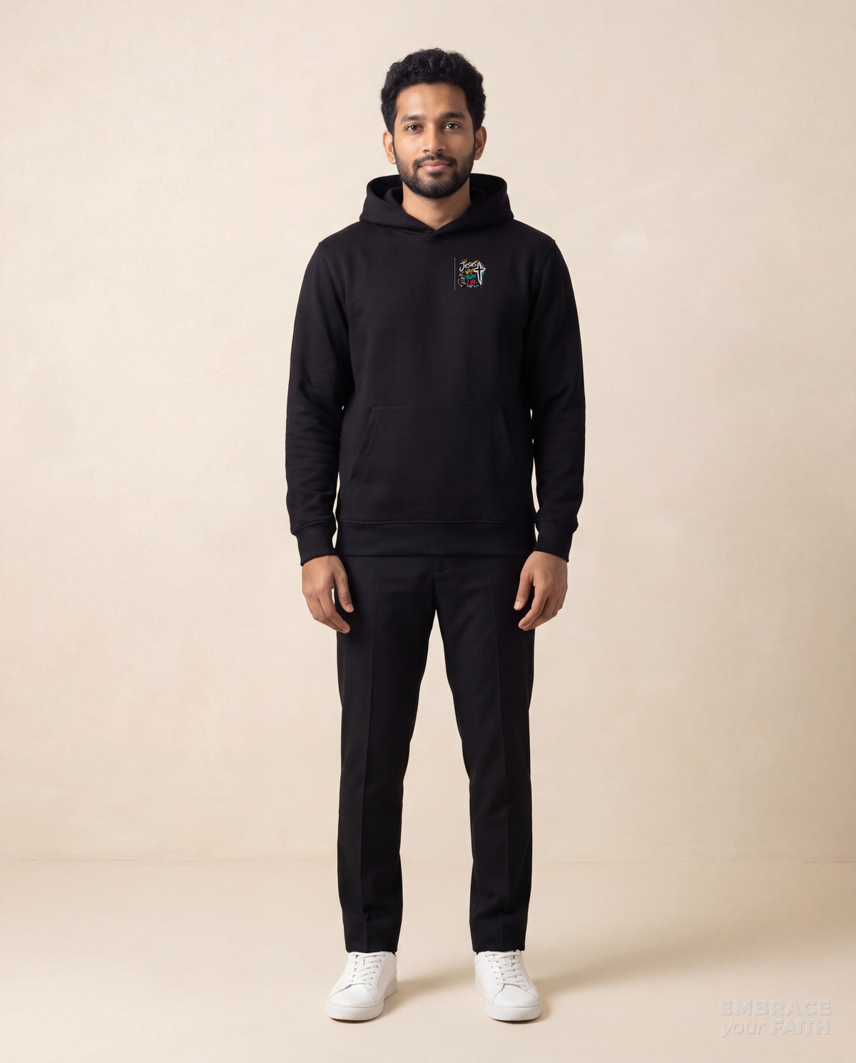 EYF model wearing the Jesus The Way Unisex Hoodie in Black