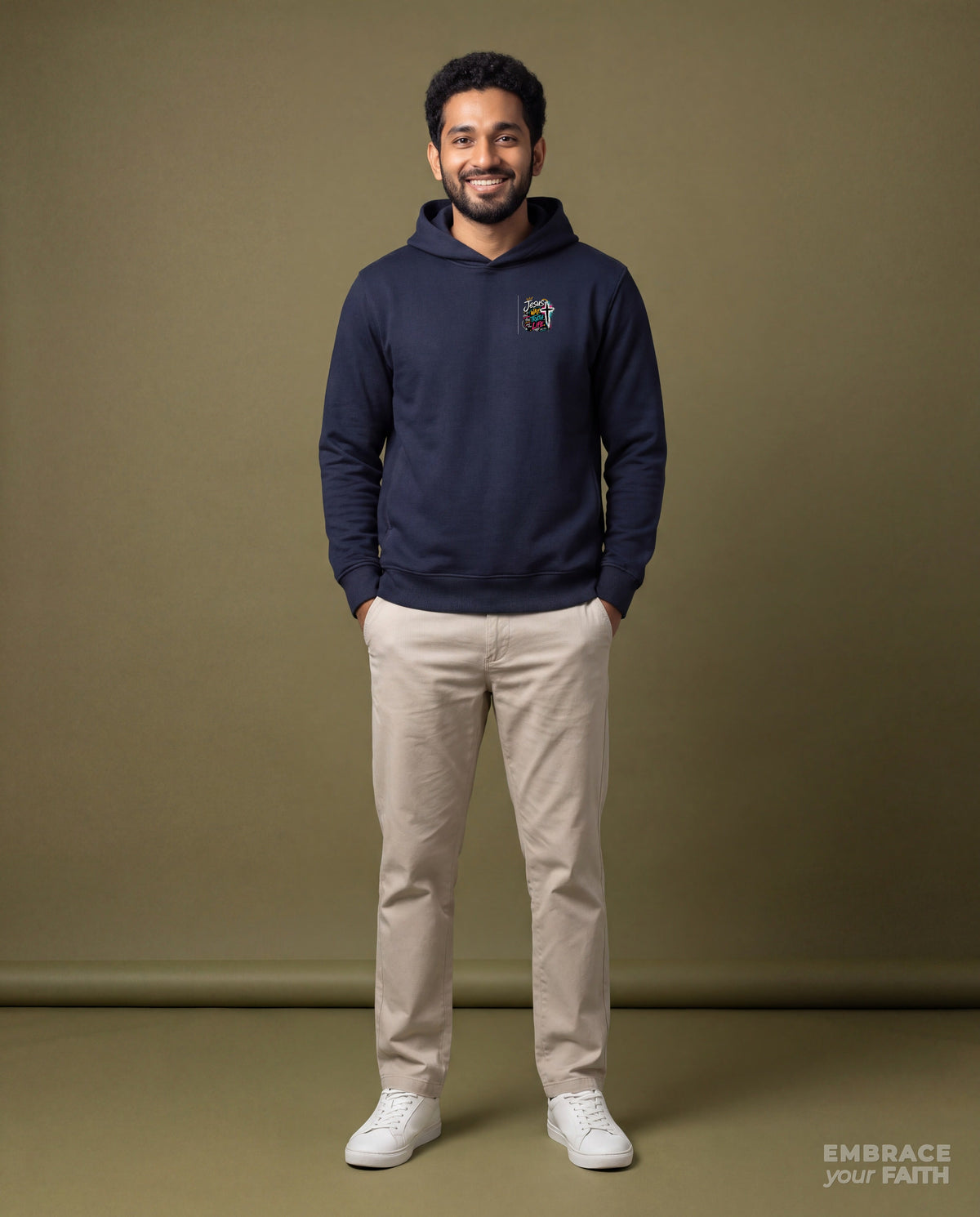 EYF model wearing the Jesus The Way Unisex Hoodie in Navy Blazer