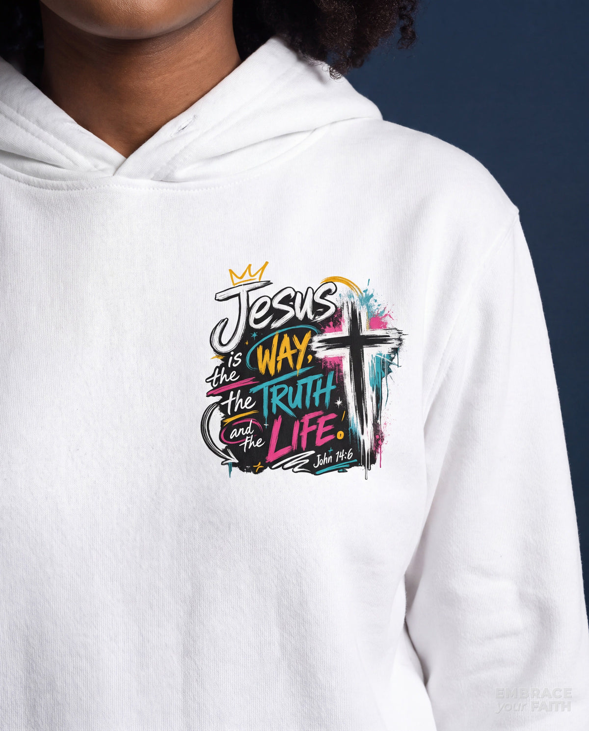 Close-up of the print on the Jesus The Way Unisex Hoodie in White