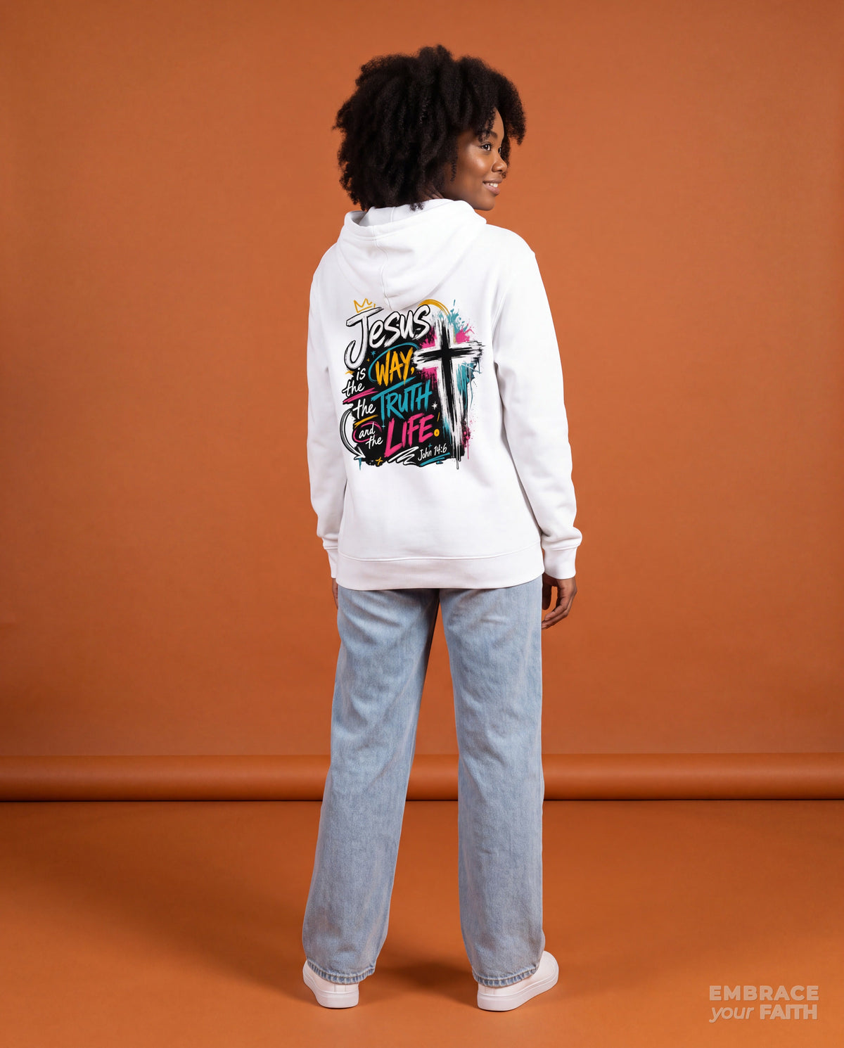 EYF model wearing the Jesus The Way Unisex Hoodie in White