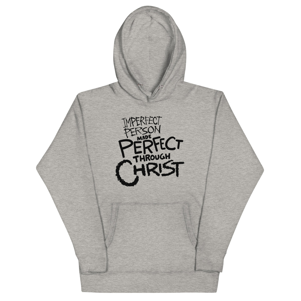 Made Perfect Hoodie in Carbon Grey, front view – 2 Corinthians 12:9