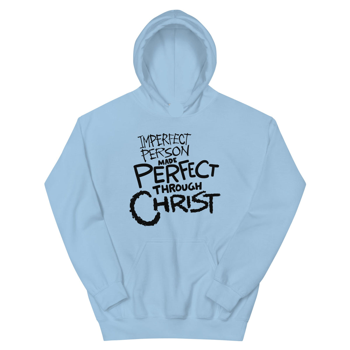 Made Perfect Hoodie in Light Blue, front view – 2 Corinthians 12:9