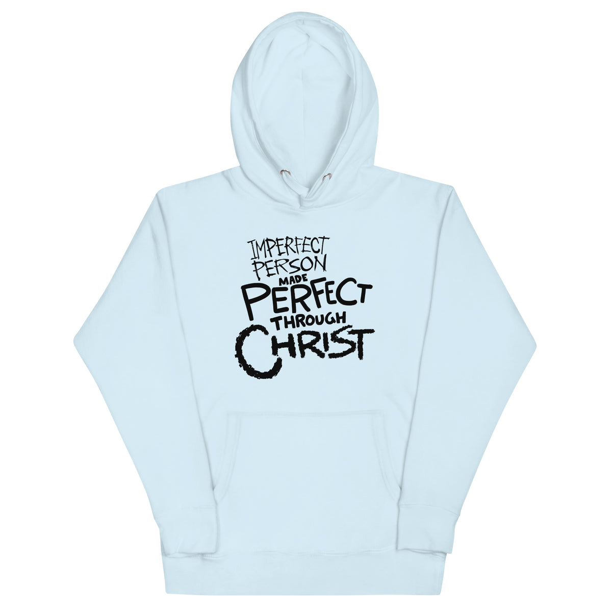 Made Perfect Hoodie in Sky Blue, front view – 2 Corinthians 12:9