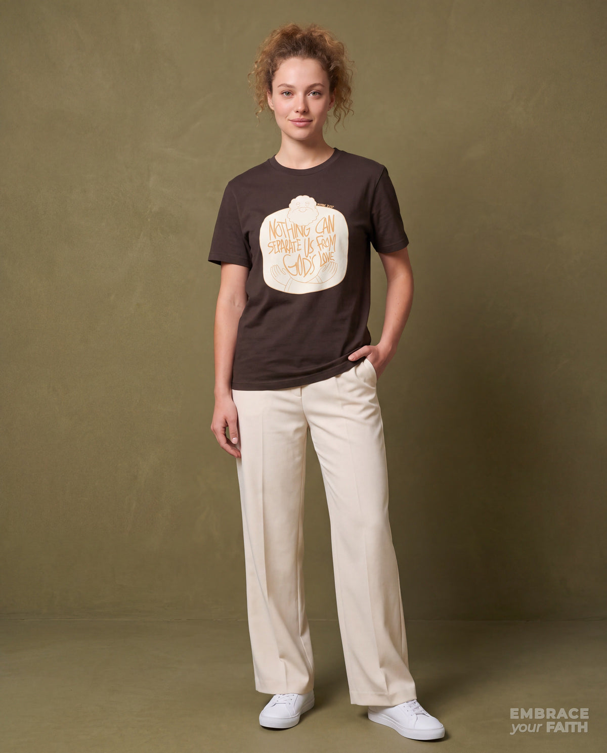 EYF model wearing the Nothing Can Separate Us from God’s Love Unisex T-Shirt in Dark Chocolate