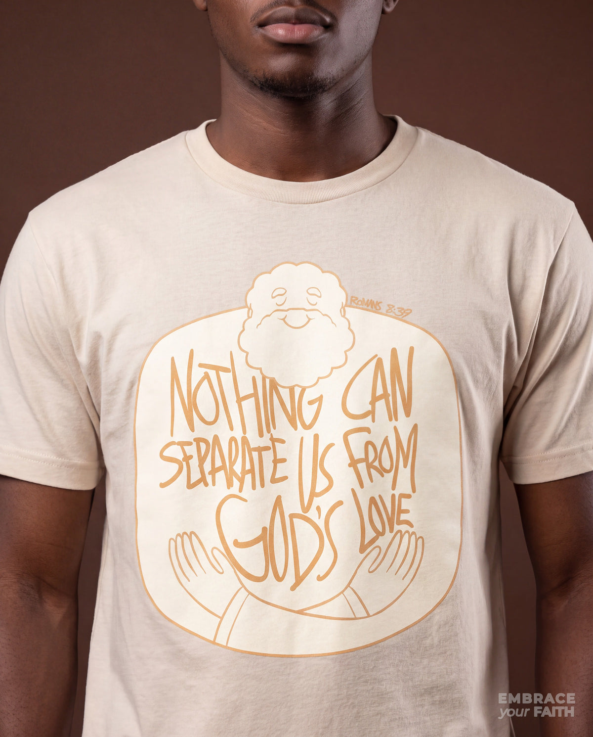 Close-up of the print on the Nothing Can Separate Us from God’s Love Unisex T-Shirt in Natural