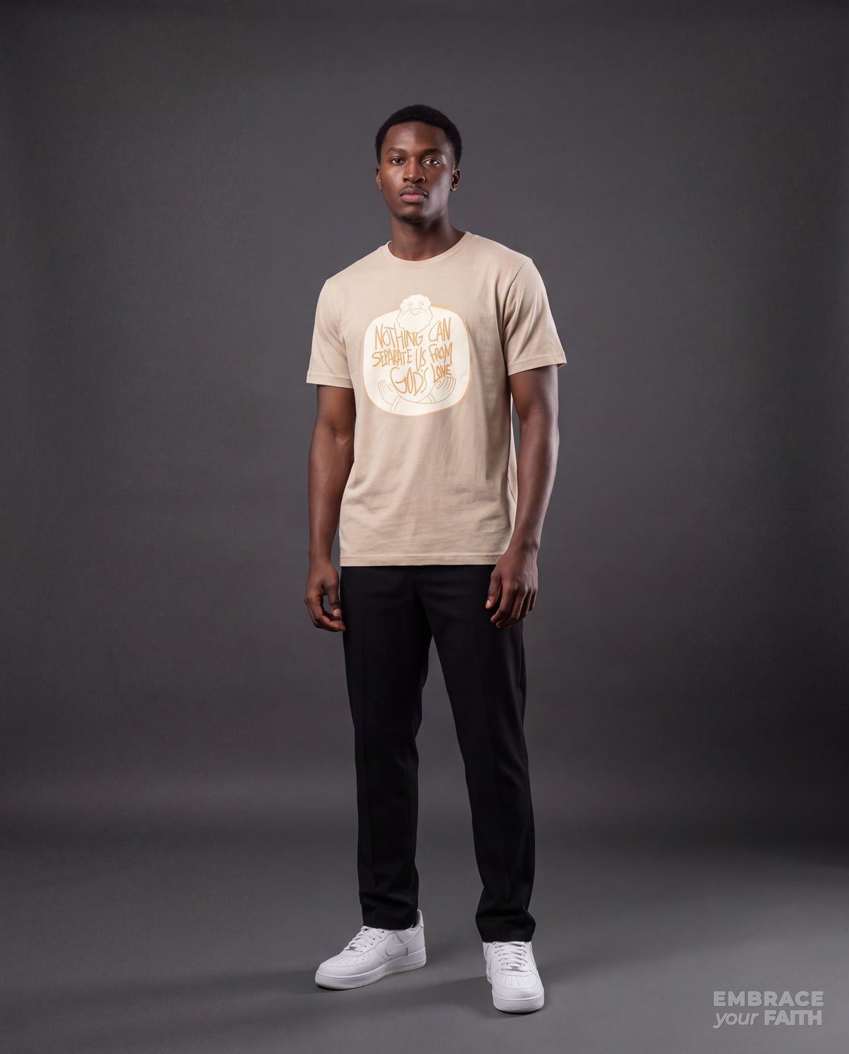 EYF model wearing the Nothing Can Separate Us from God’s Love Unisex T-Shirt in Sand