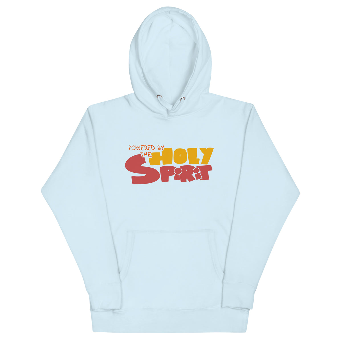 Powered by the Holy Spirit Hoodie with color block hologram print in Sky Blue, front view