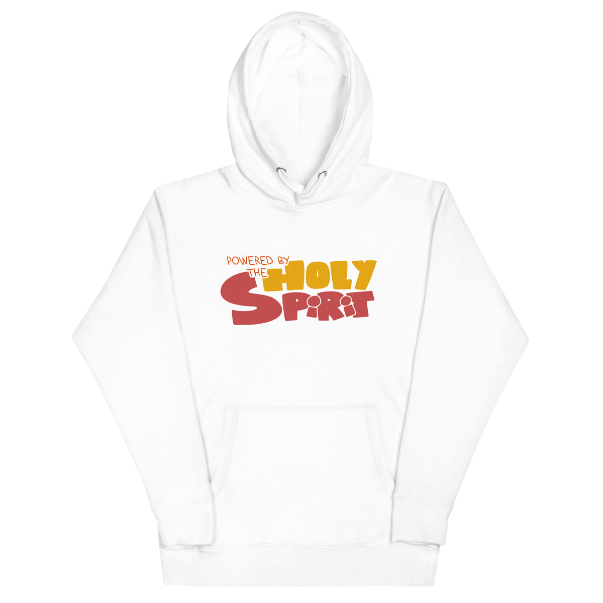 Powered by the Holy Spirit Hoodie with color block hologram print in White, front view