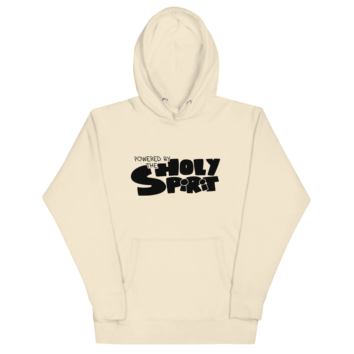 Powered by the Holy Spirit Hoodie with hologram print in Bone, front view