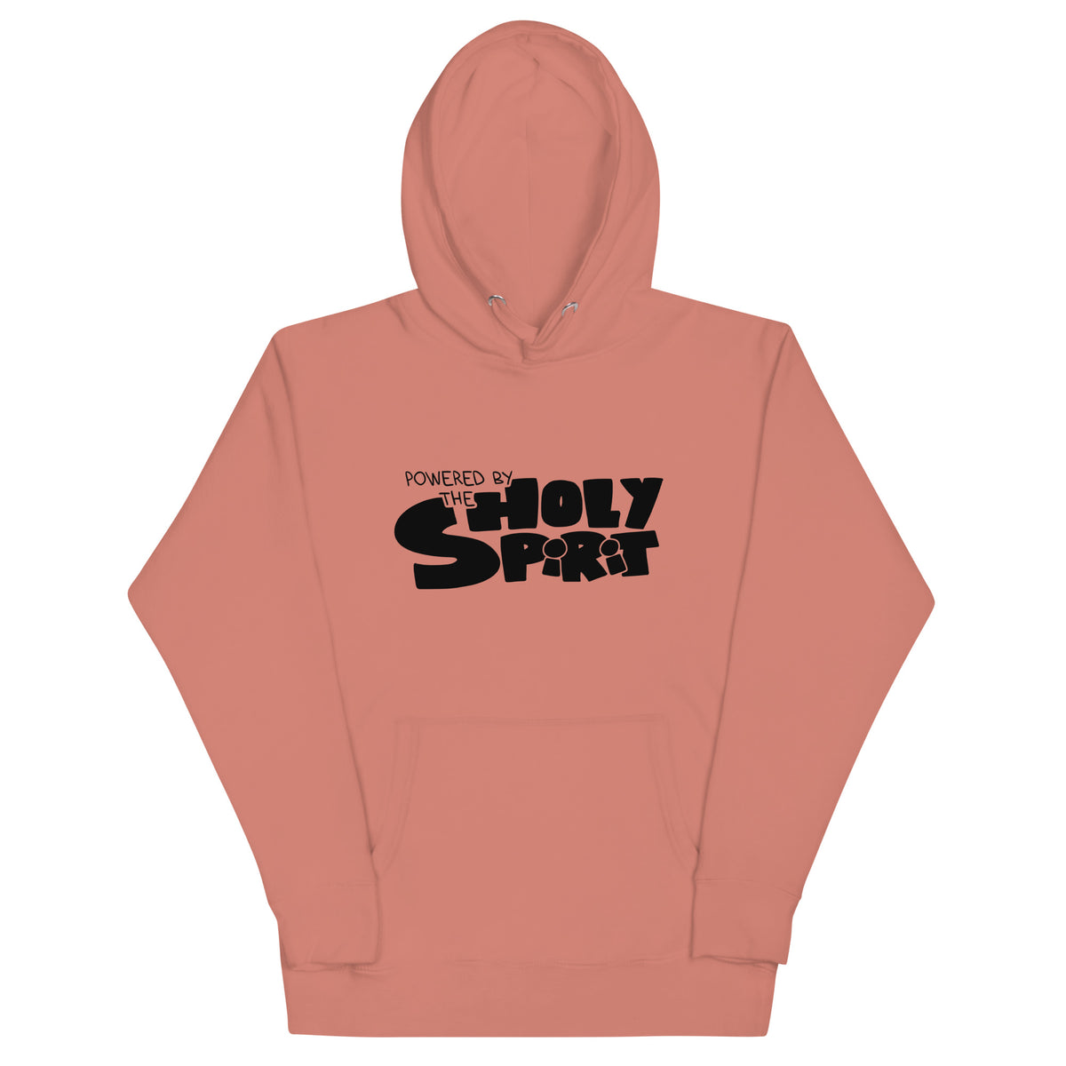 Powered by the Holy Spirit Hoodie with hologram print in Dusty Rose, front view