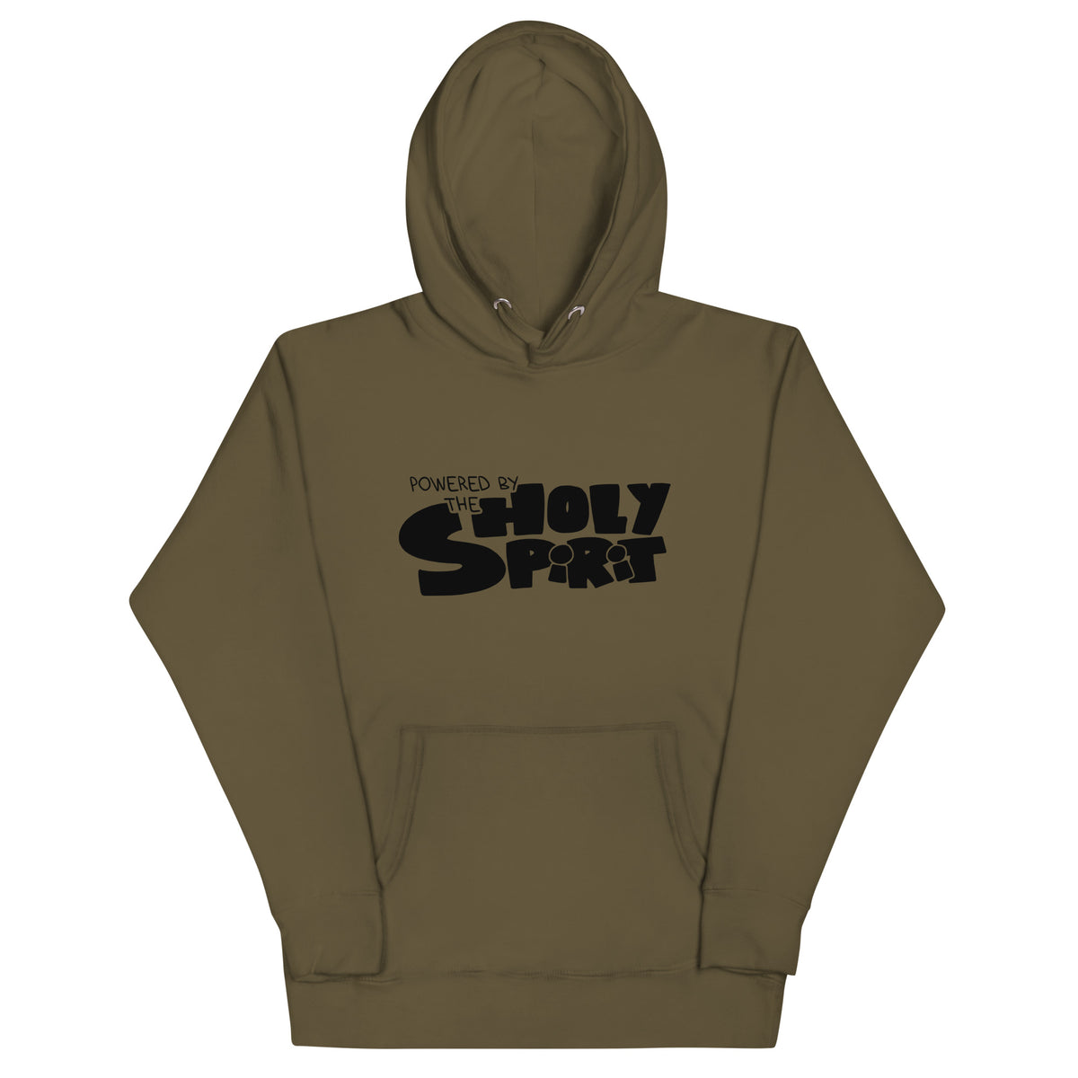 Powered by the Holy Spirit Hoodie with hologram print in Military Green, front view