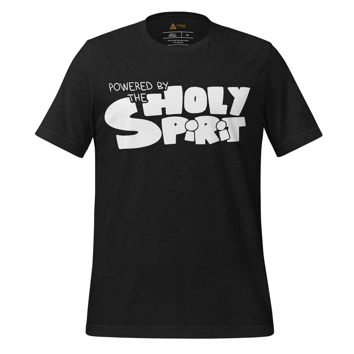 Powered by the Holy Spirit T-Shirt with white hologram print in Black Heather, front view