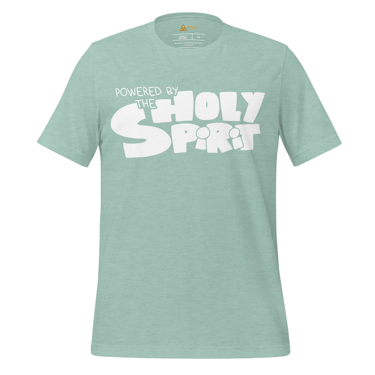 Powered by the Holy Spirit T-Shirt with white hologram print in Heather Prism Dusty Blue, front view
