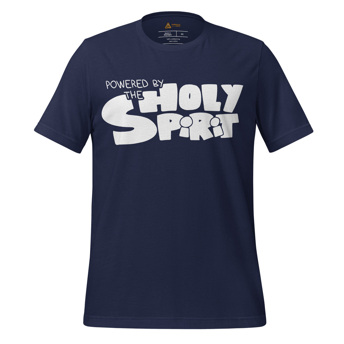 Powered by the Holy Spirit T-Shirt with white hologram print in Navy, front view
