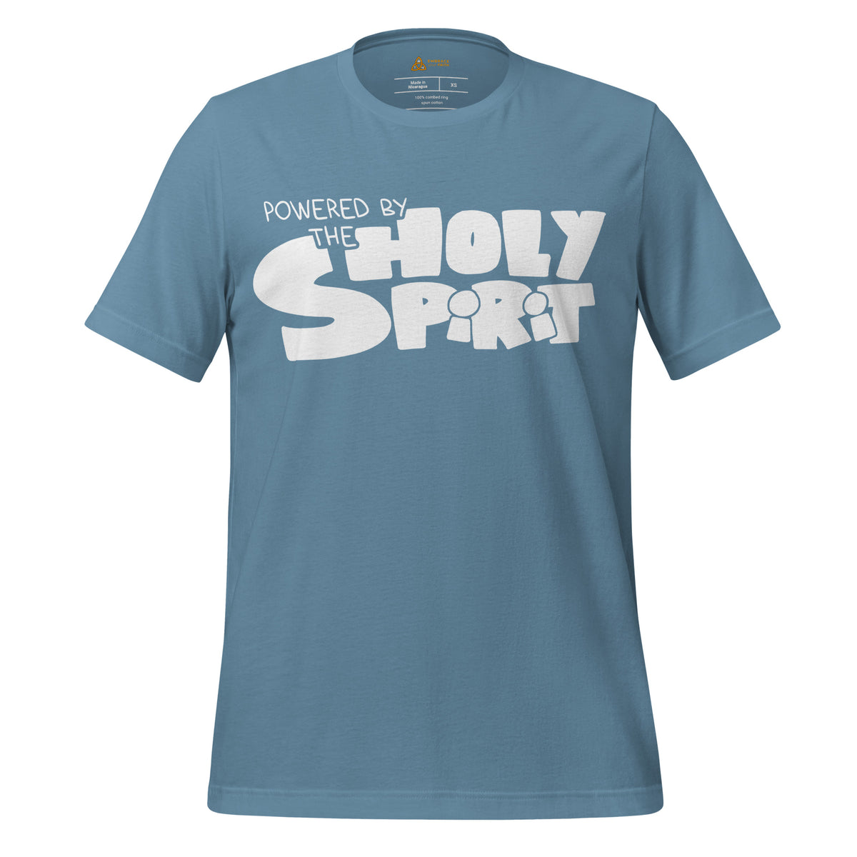 Powered by the Holy Spirit T-Shirt with white hologram print in Steel Blue, front view