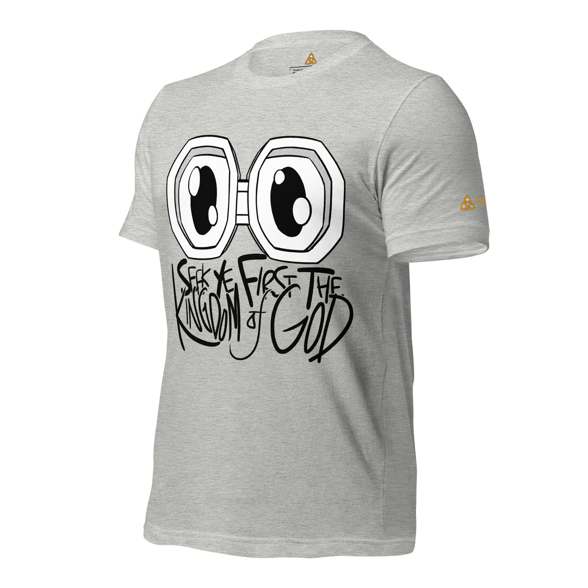 Seek Ye First the Kingdom T-Shirt in Athletic Heather, angled front view – Matthew 6:33