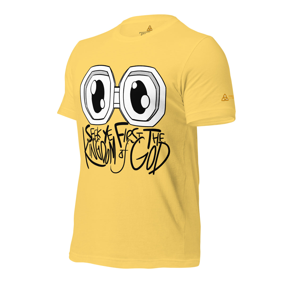 Seek Ye First the Kingdom T-Shirt in Yellow, angled front view – Matthew 6:33