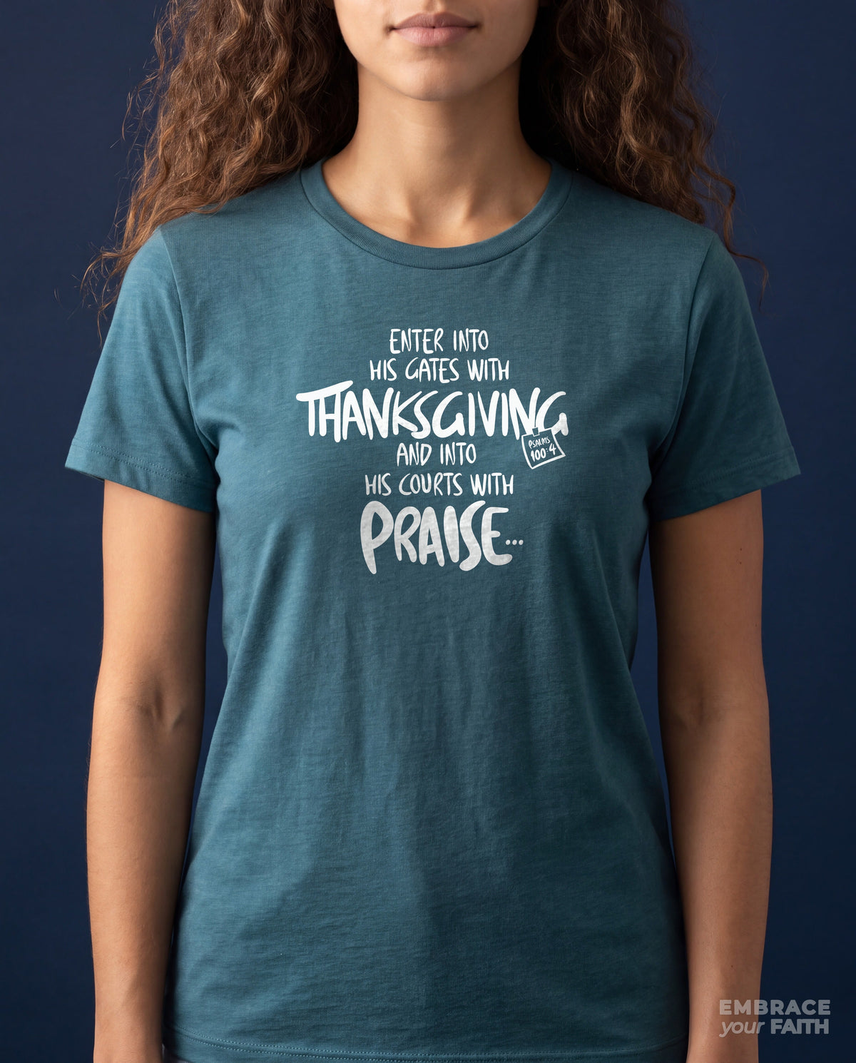 Close-up of the print on the Thanksgiving Lifestyle Classic Unisex T-Shirt in Heather Deep Teal