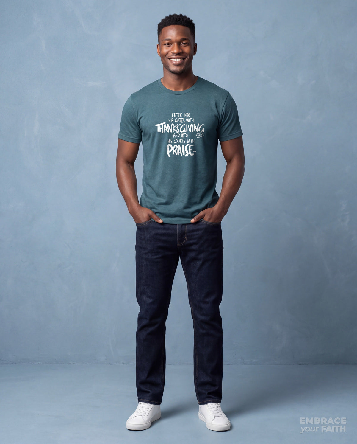 EYF model wearing the Thanksgiving Lifestyle Classic Unisex T-Shirt in Heather Deep Teal