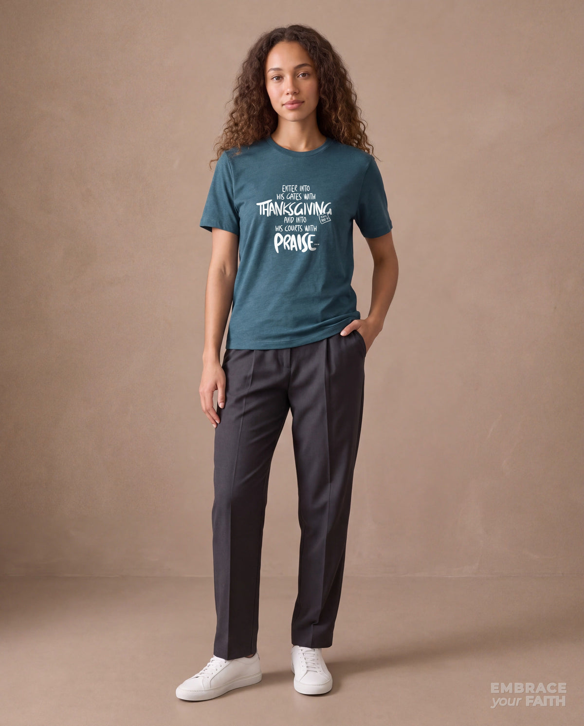 EYF model wearing the Thanksgiving Lifestyle Classic Unisex T-Shirt in Heather Deep Teal