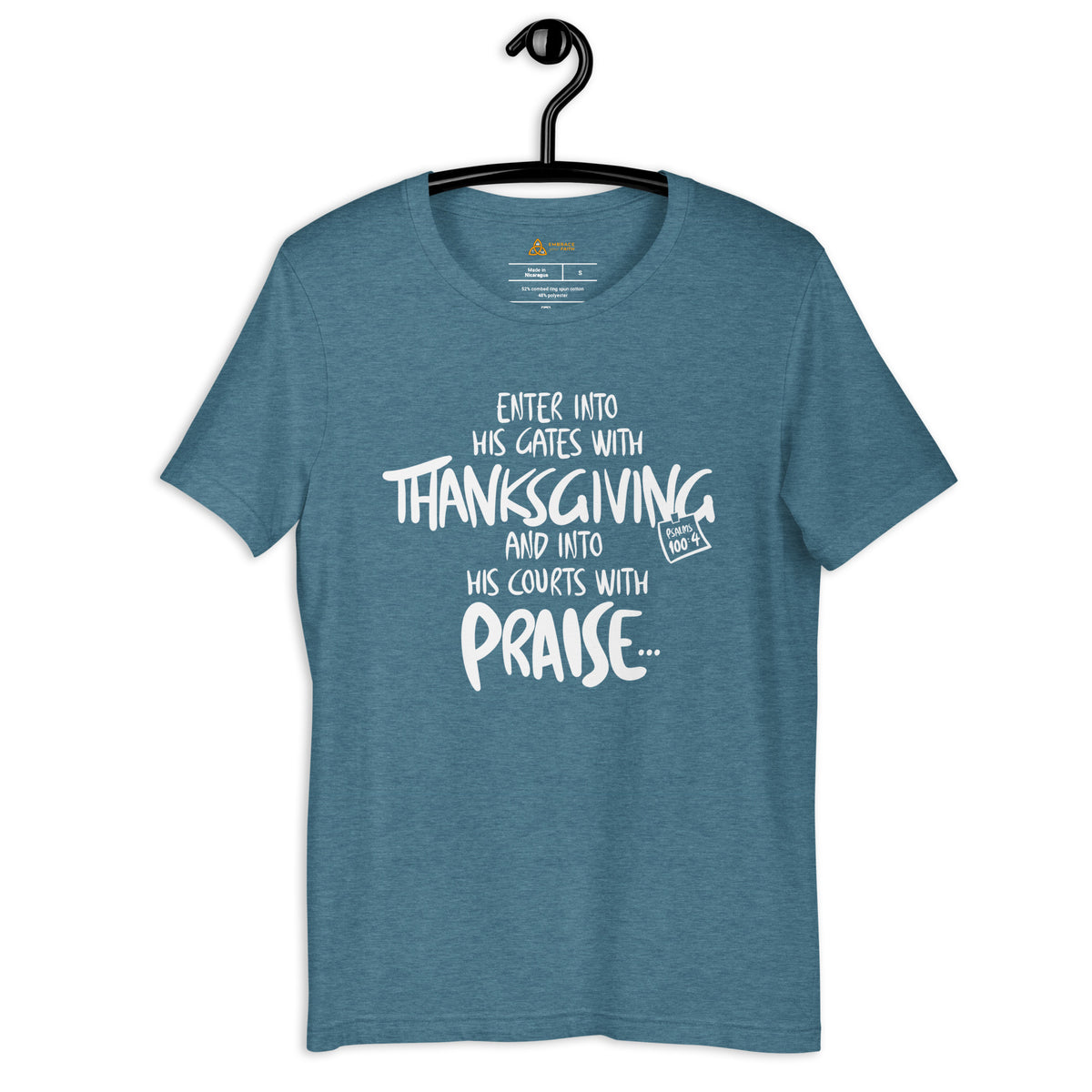 Thanksgiving Lifestyle T-Shirt in Heather Deep Teal, front view – Psalm 100:4