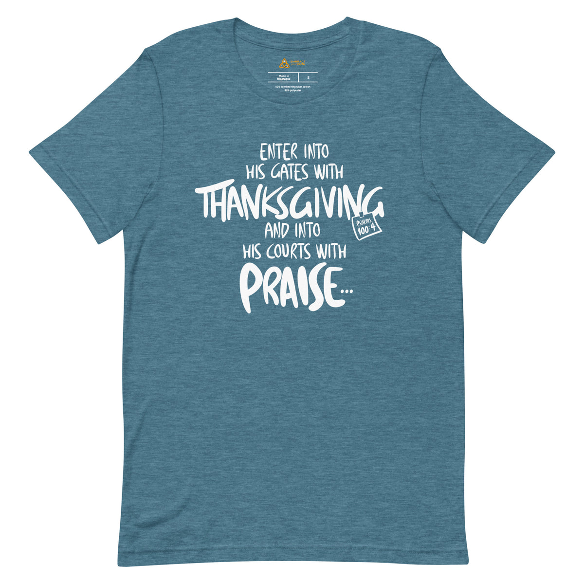 Thanksgiving Lifestyle T-Shirt in Heather Deep Teal, front view – Psalm 100:4