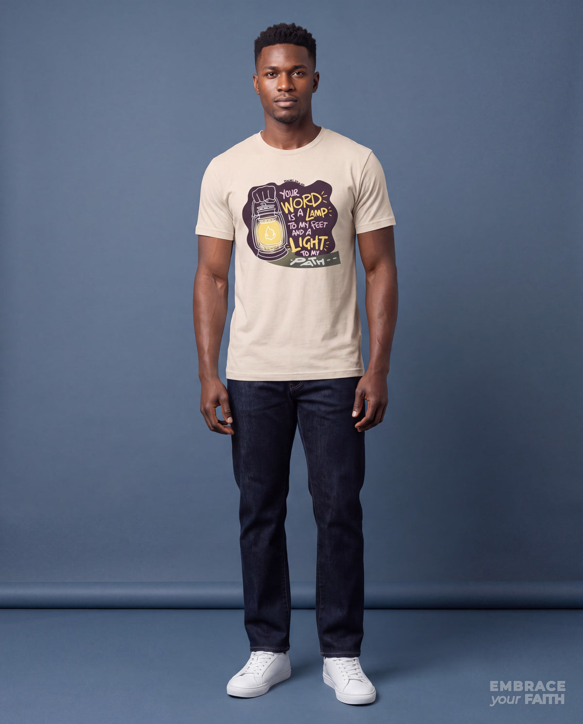 EYF model wearing the Thy Word Is a Lamp Unto My Feet Unisex Classic Tee in Natural
